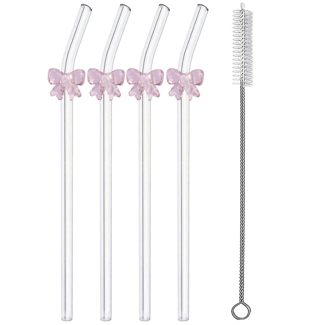 TEMU Of 2 Or 4 Cartoon-style Pink Flexible Glass Straws, Includes A Cleaning Brush, Suitable For Smoothies, Milk, Tea, Juice, Snack Bars, Party Beverages, Cocktails, And In Restaurants