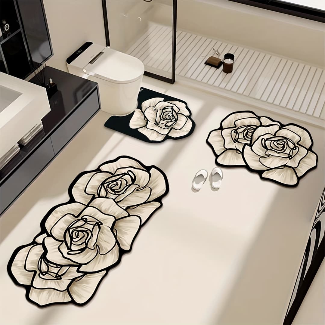 TEMU Advanced -shaped Bathroom Anti-slip Mat Set, 2pcs & 3pcs Options, Toilet Lid Mat + Diatomaceous Earth Door Mat, Quick-drying, Water-absorbent,