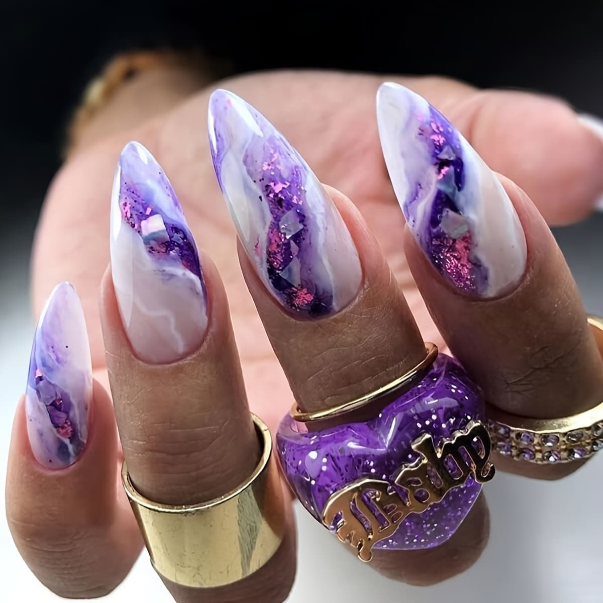 TEMU 24pcs Blue-purple Marble Pattern Press-on Almond False Nails, Medium Length For Women And, Simple And Elegant Textured Design For Spring/summer Outfits, Beautiful False Nail Gift