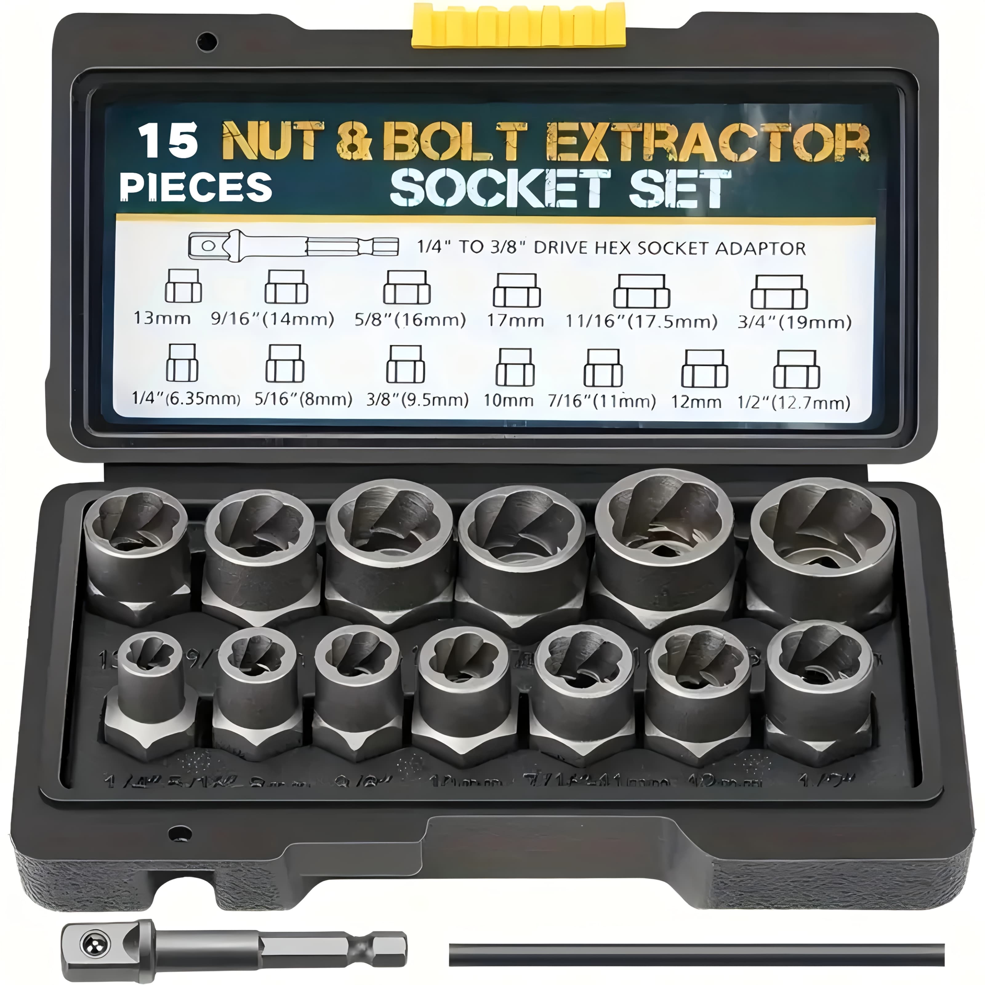 TEMU 15pcs/set Nut Extractor, Includes And Nut Removers, An Bar (if The Nut Is Still Stuck In The Sleeve When Removing It, To Knock It Out), An1/4 '' To 3/8 " Drive Hexagonal Socket Adapter