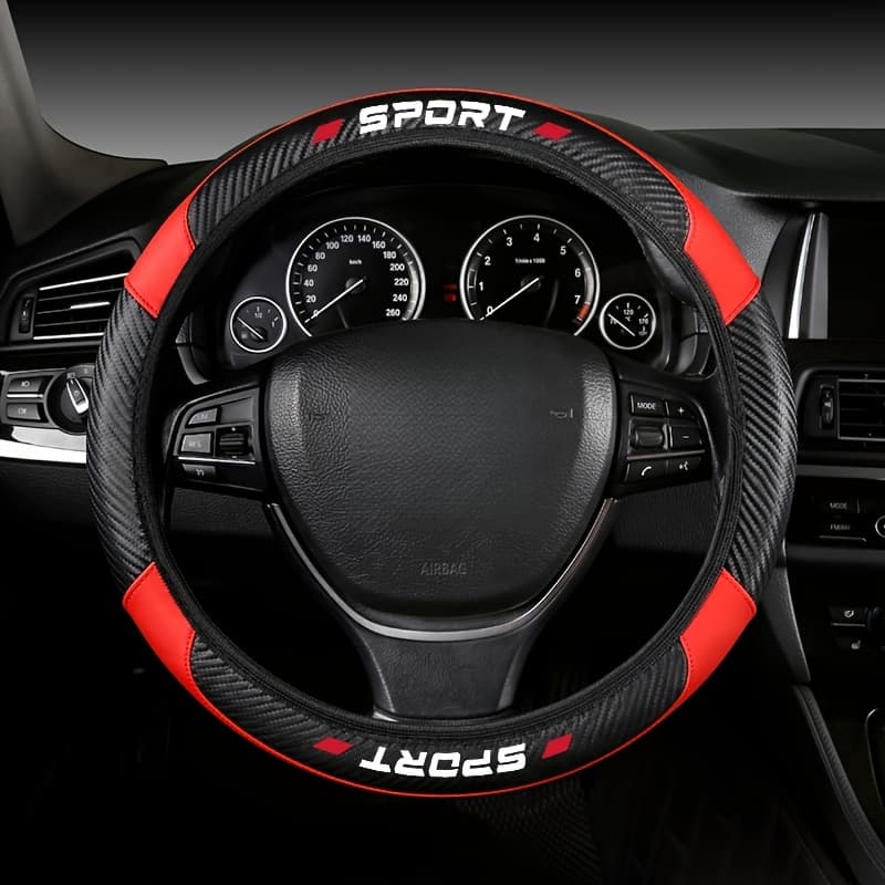 TEMU Pu Material Car Steering Wheel Cover, Carbon Fiber Faux Leather Craft, Suitable For 15-inch Car Steering Wheels, Universal For 4