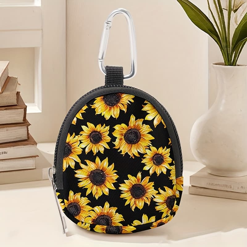 TEMU Sunflower Pattern Printed Mini Wallet, Lightweight Zipper Coin Purse, With Hook Clip And Headphone Key Bag, Suitable For Men And Women