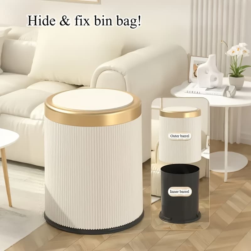 TEMU 1pc 12l Luxury Large Capacity Push-lid Trash Can, Dual Inner Buckets, Bathroom Trash Can, Odor-sealing Oval Garbage Bin, Modern Plastic Waste Container For Kitchen, Bedroom, Living Room, Bathroom