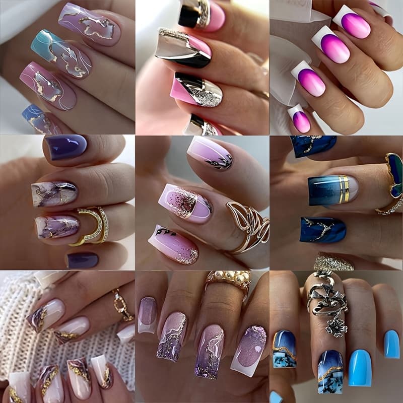 TEMU 216pcs (9 Boxes) Of Medium-sized Colorful Ombre Press-on Nails, Featuring Square Shapes In , Perfect For Women And ' Parties, Including White French Tips And Marble Patterns For Nail Art