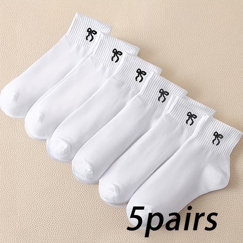 TEMU 5-pack Fashion Women's Minimalist Black And White Bow Short Socks - Stylish Versatile Simple All- Casual Crew Socks, Soft Comfortable For