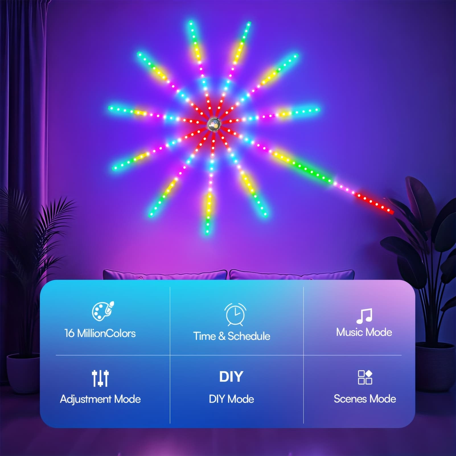 TEMU Fireworks Smart Led Strip Lights - Indoor, Dimmable Rgb Color, Firework Scenes, App Music Sync, Diy Room Christmas Lights, 20 Inches