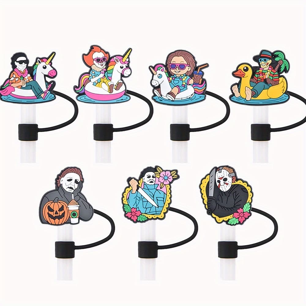 TEMU 7pcs Cartoon Horror Movie Character Straw Toppers & Straw Covers Cute Straw Caps (no Drinking Straw)party Favor, Kitchen Gifts