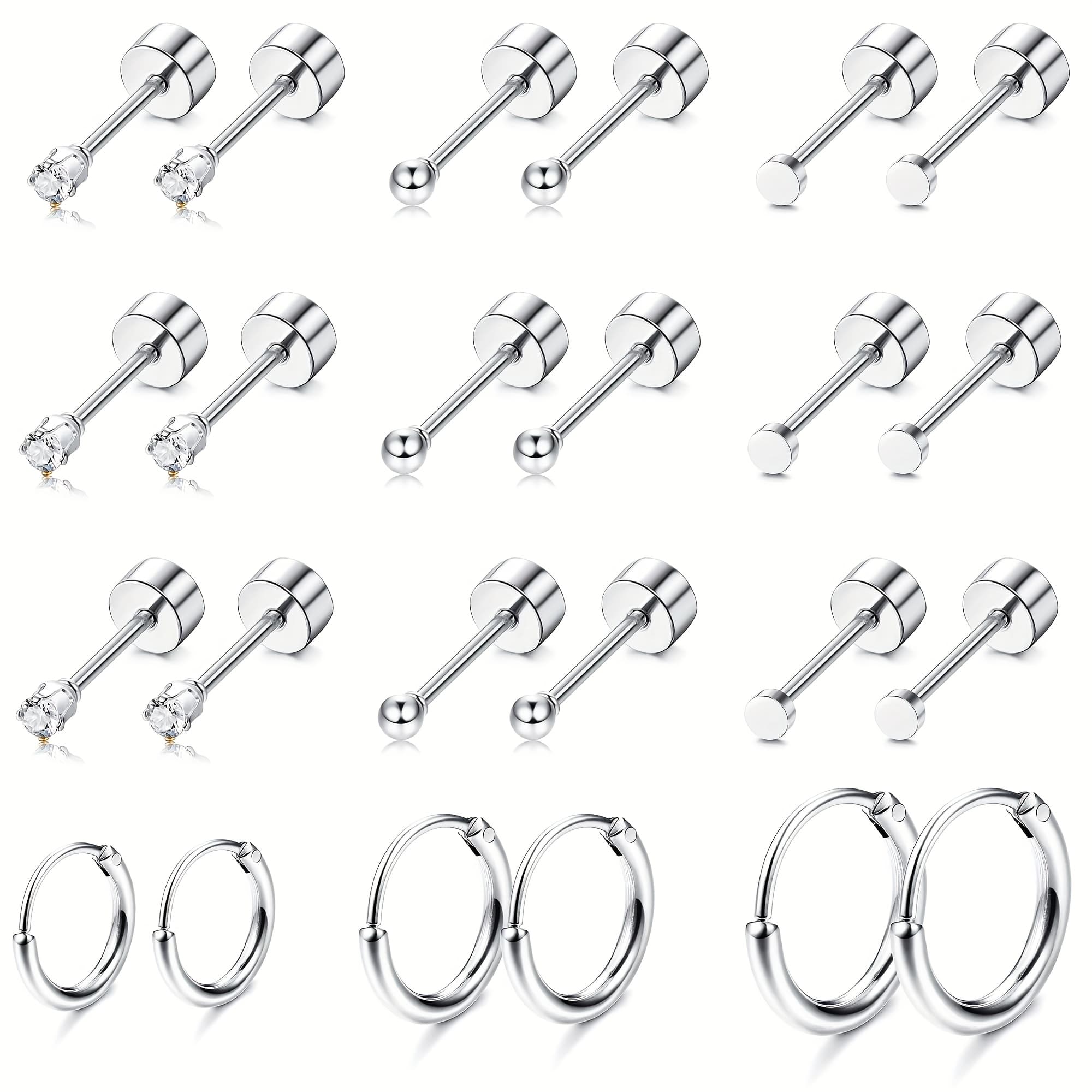 TEMU 24pcs Small Flat Back Hypoallergenic Ear Studs, 304 Medical 304 Stainless Steel Earring Set, Suitable For Multiple Piercings, Cartilage Hoop Earrings