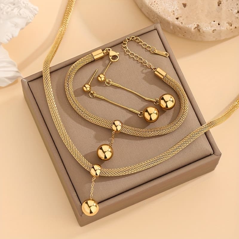 TEMU Four-piece Set European And American Trendy Fashion Stainless Steel Vacuum Furnace Electroplating Necklace Bracelet Earrings / Suitable For Women's Birthday Gifts / Perfect Jewelry Additions For