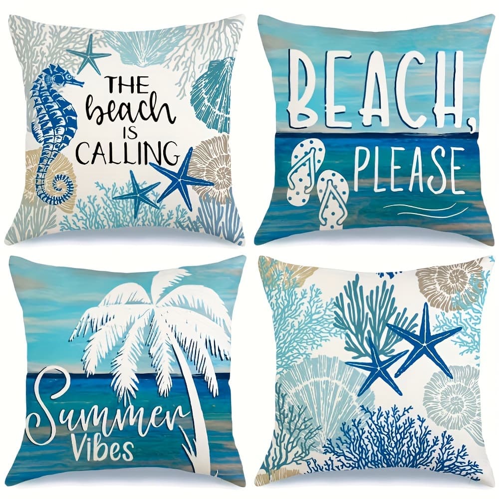 TEMU Set Of 4, Summer Ocean Beach Style Pillow Cover, 18 Inch, Sea Starfish Seahorse Turtle Outdoor Decorative Throw Pillow Cover Day Father's Day Gifts