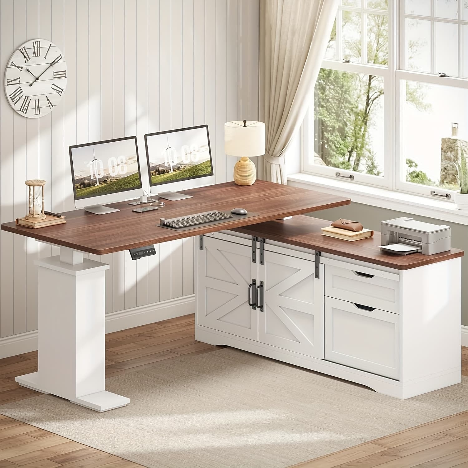 TEMU Farmhouse L Shaped Standing Desk With Storage Drawers, 55" Height Adjustable Desk For Home Office, Standing Computer Desk