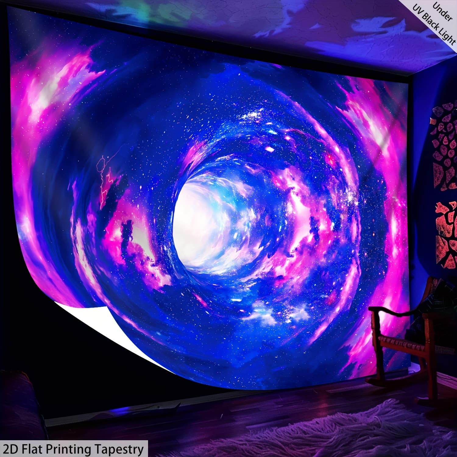 TEMU 2d Flat Printing Tapestry - 1pc - Glow In The Uv Light Tapestry, Large Scale Fluorescent Printed Tapestry, Suitable For Bedroom, Office, Living Room, Home Decoration, Installation Free