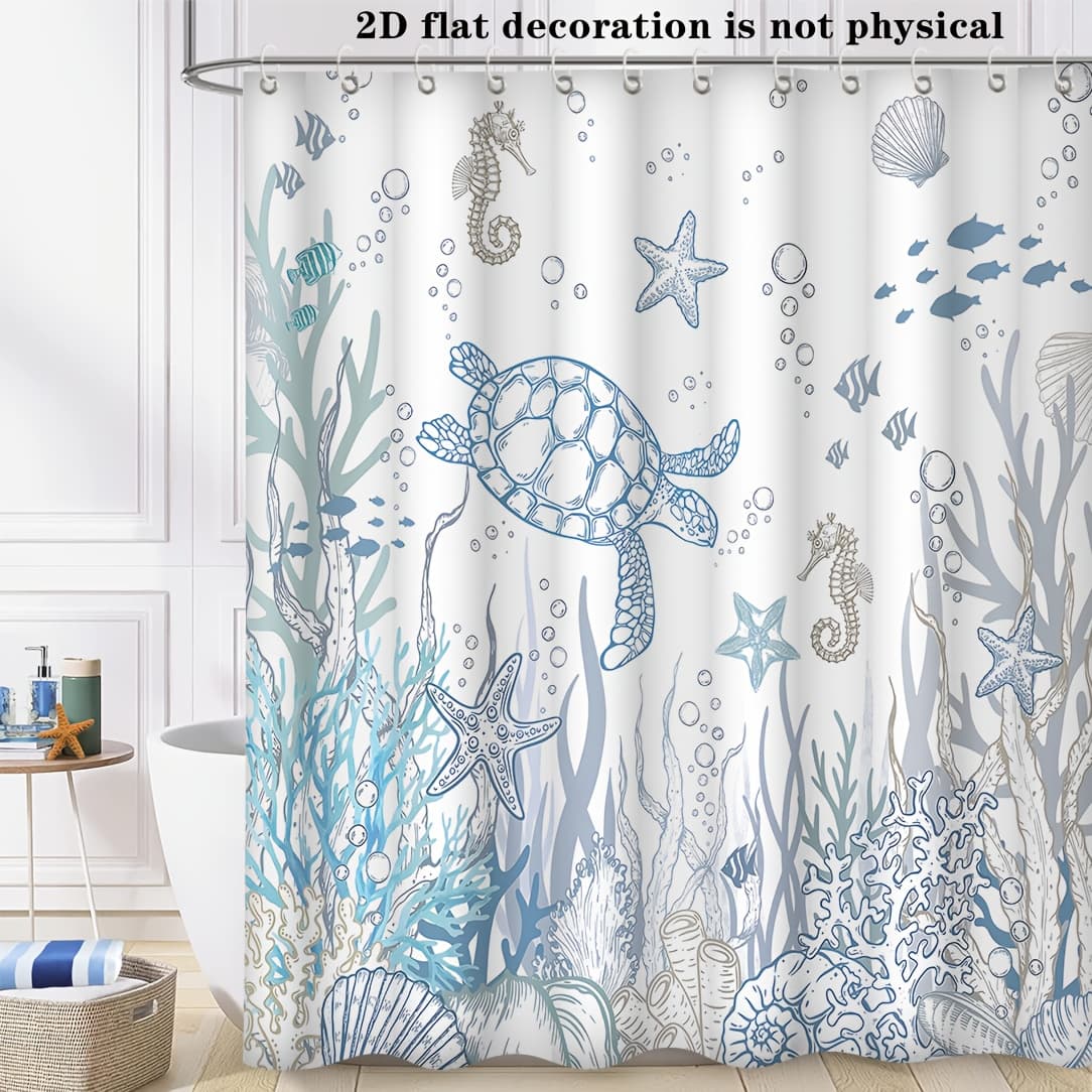 TEMU 2d Flat, 2d Flat, 2d Flat Banner Featuring An Turtle And Coral Shower Curtain - Includes A Turtle And Starfish, With 12 Grommets, Made From Polyester, Machine Washable, Suitable For All
