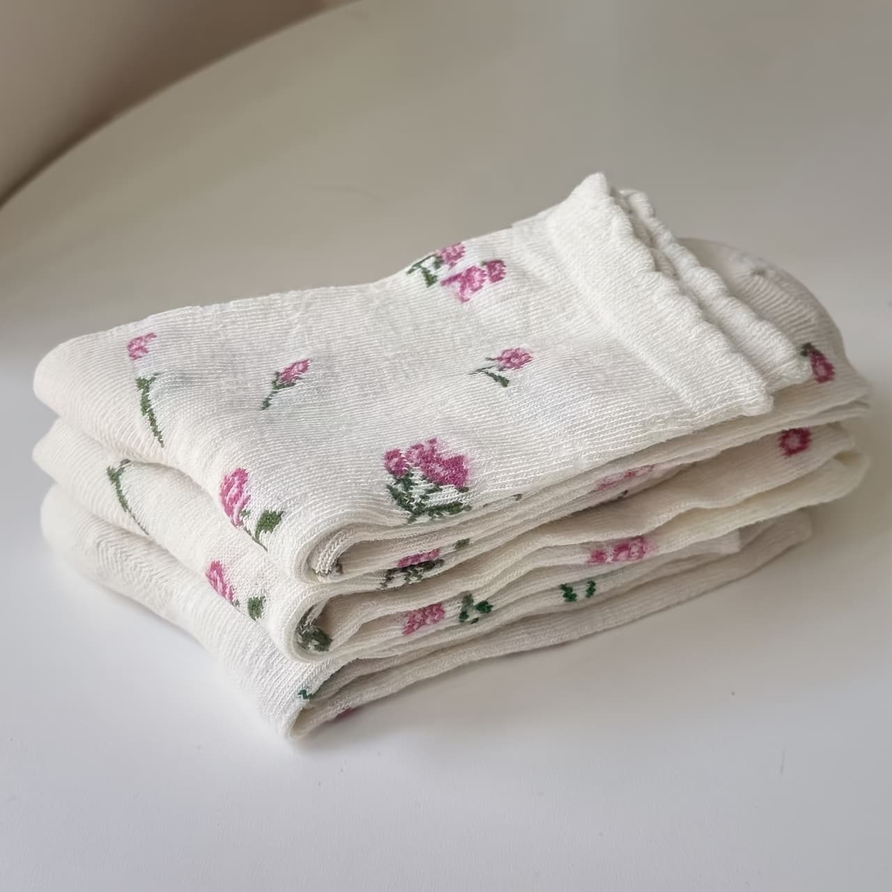TEMU 3 Pairs, Women's Socks For Spring And Summer, Countryside Style Small Floral Socks Full Of Retro Oil Painting Feeling, Wooden Ear Breathable Mesh Stacking Socks