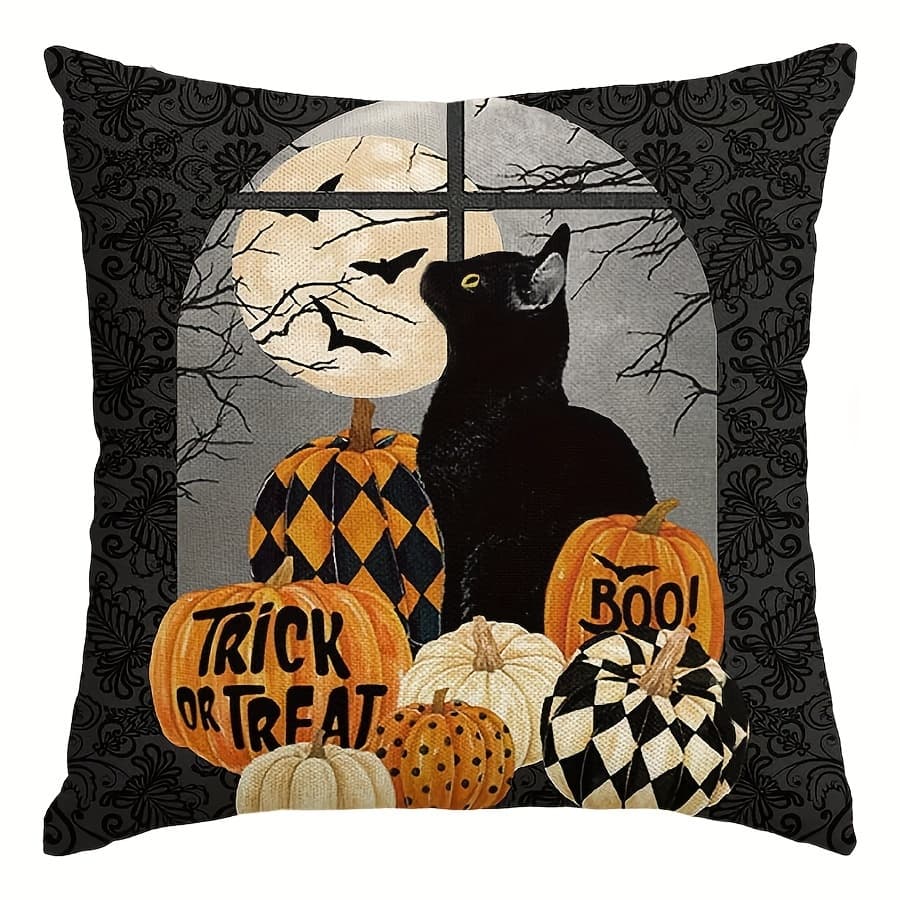 TEMU 1pc, Linen Trick Or Treat Halloween Pumpkin Cat Boo Throw Pillow Cover, Holiday Farmhouse Decoration For Sofa Couch 16x16, 18x18, 20x20 (no Pillow Core.)