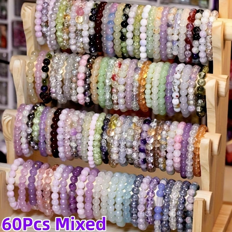 TEMU 60pcs Fashionable Handmade Glass Beaded Bracelet Set - Colorful Cracked Glass Beads, Ideal For Daily Wear Vacation And Parties, Gift For , Women Bangle Collection