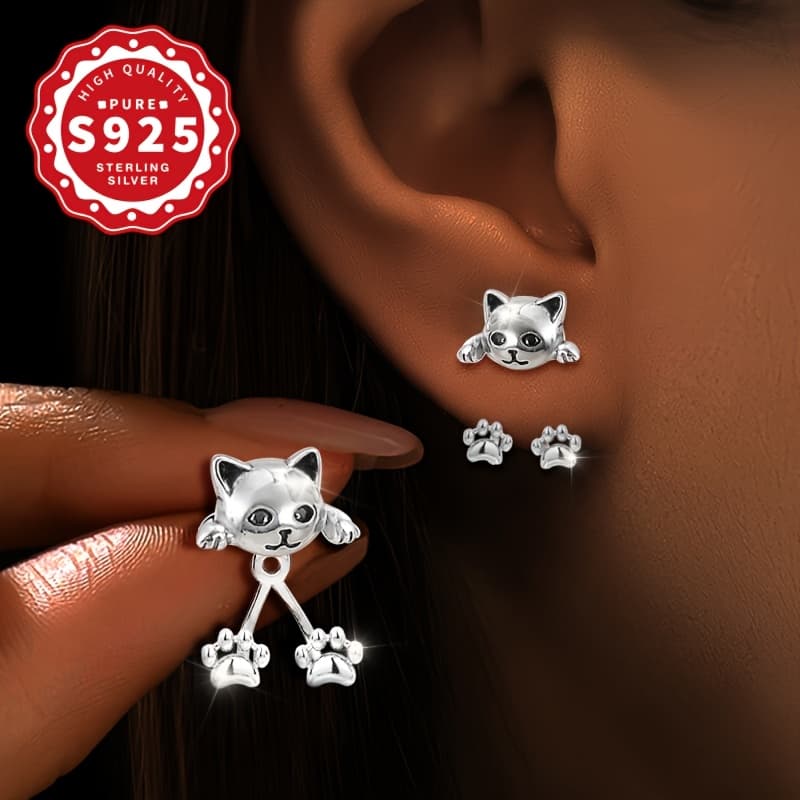TEMU Pair Of S925 Sterling Silver Cat Paw Dangle Earrings - Cute Cartoon Design, Hypoallergenic, Perfect For Daily Wear & Gifting, Ideal For Halloween & Parties, Cute Earrings