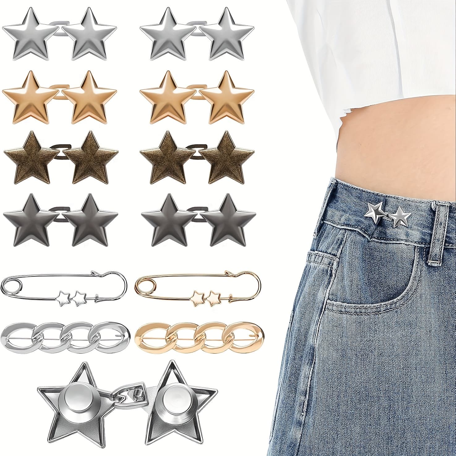 TEMU 12pcs Waist Tighteners For Jeans, Seamless Metal Clips With Adjustable And Reusable Star Buttons