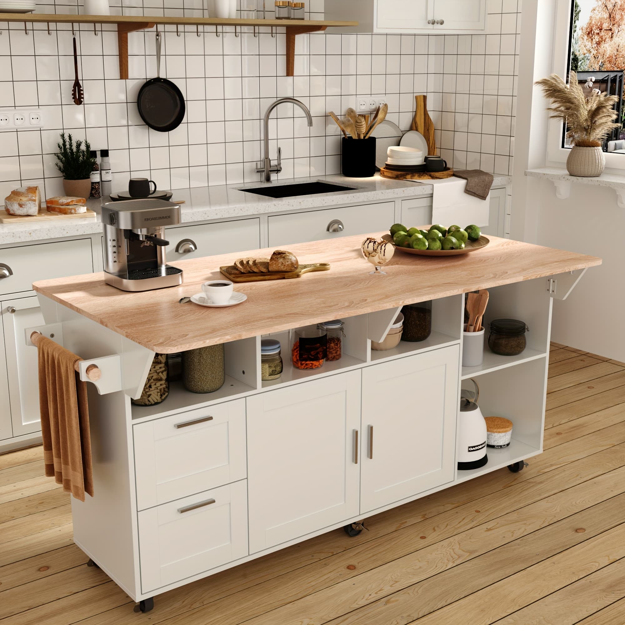 TEMU Modern Kitchen Storage Cart With 2 Drawers, Open Shelves & 2 Flip-down Desktops, Kitchen Pantry With 6 Wheels And Push Pull Wooden Handle, Kitchen Island With 2 Cabinet Doors, Large Storage Space