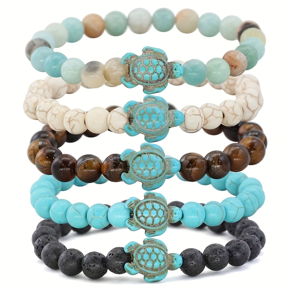 TEMU Set Of 5 Vintage Turtle Turquoise Bohemian Beaded Bracelets Perfect For A Unisex Jewelry Collection