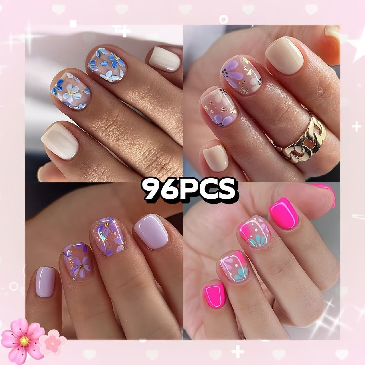TEMU 96pcs Of Short Square Blue And Pink Floral Nails, Purple Gradient Small Flower Nails, Vintage Blue Small Flower White Nails, Yellow And Purple Small Flower Bright Gradient Nails, 4 Set Combo Set