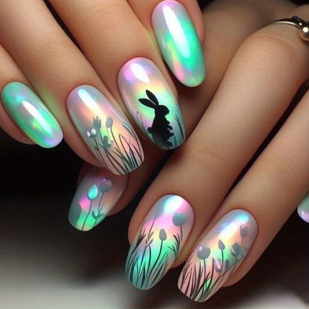 TEMU Style With 24pcs Medium Oval Fake Nails Featuring A Sweet And Cute Rabbit . Stickers Are Removable
