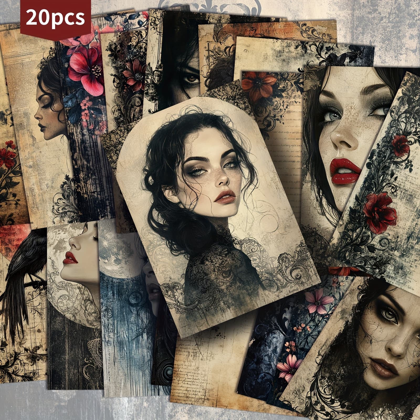 TEMU Set Of 20 Retro Dark Floral-themed Postcards Measuring 4x6 Inches, Featuring Classic Pinup Art, Scrapbooking And Crafting As Collectible Decorative Cards