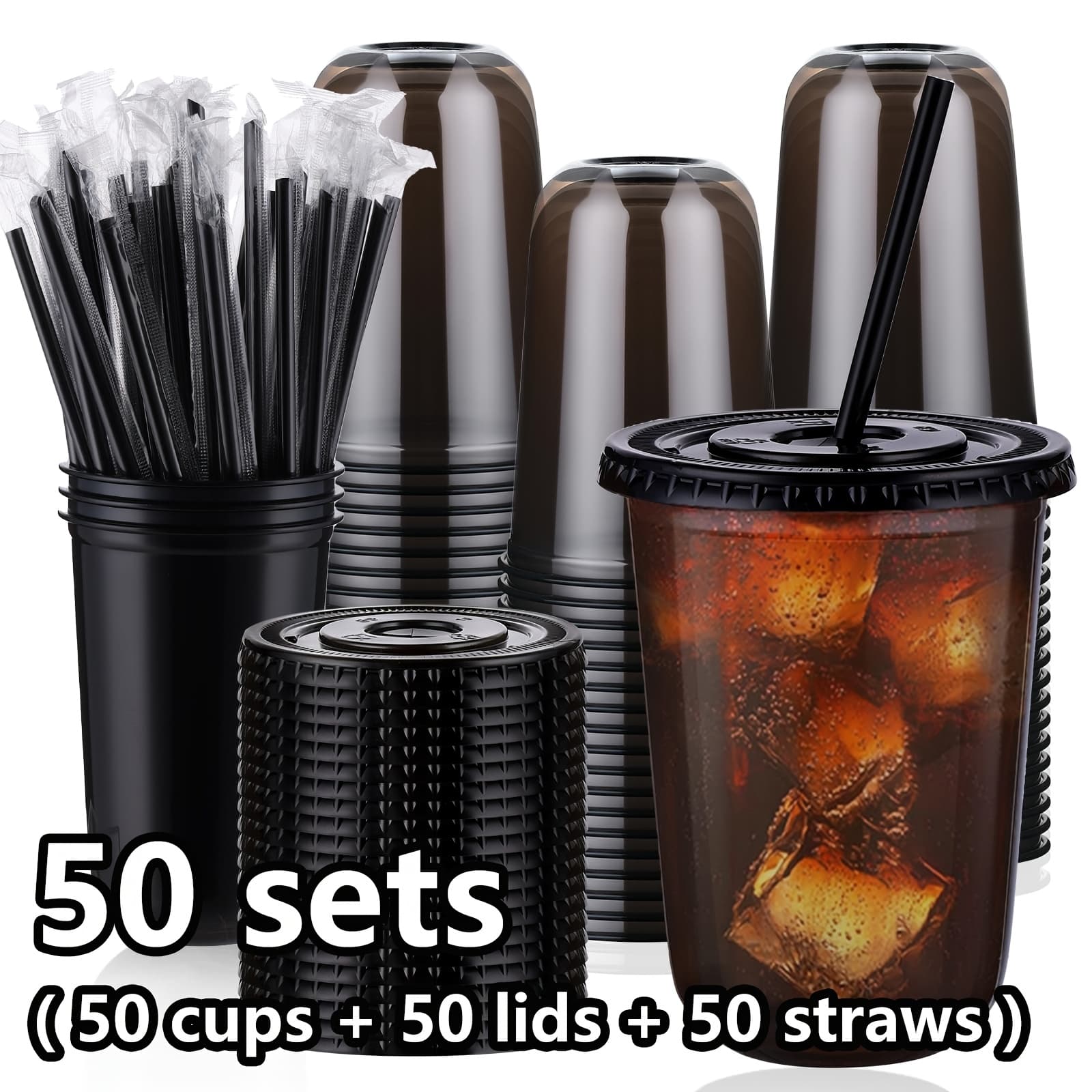 TEMU 50 Sets Of 16 Ounce Black Transparent Cups With Lids And Straws - Disposable Cold Drink Cups For Iced Coffee, Milk Tea, Smoothies, And Party Events