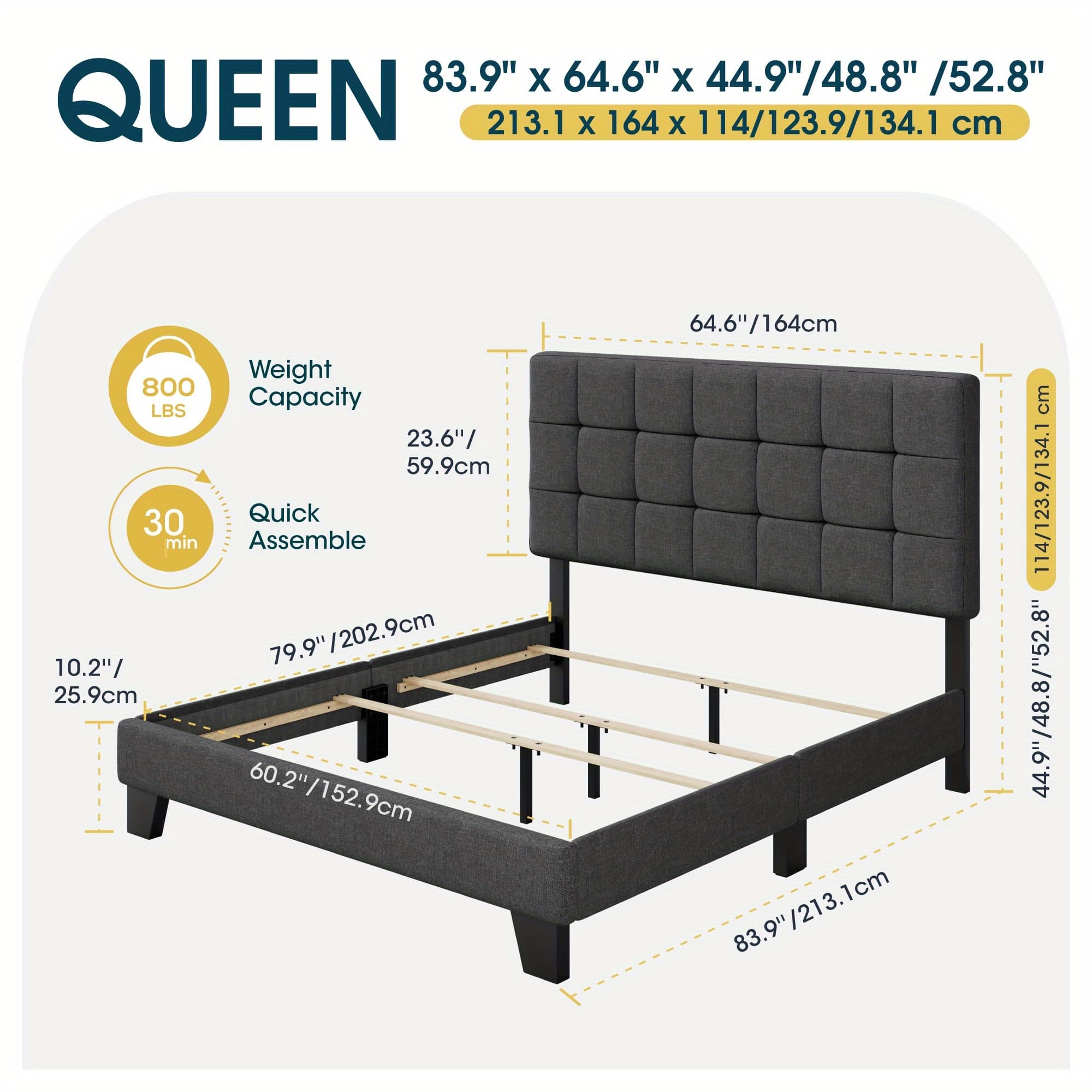 TEMU Weeway Upholstered Platform Bed, Adjustable Square Tufted Headboard For , Box Spring Or Board Needed, Easy Assembly, Dark, Full/queen Size, For House Bedroom Furniture, Free Shipping