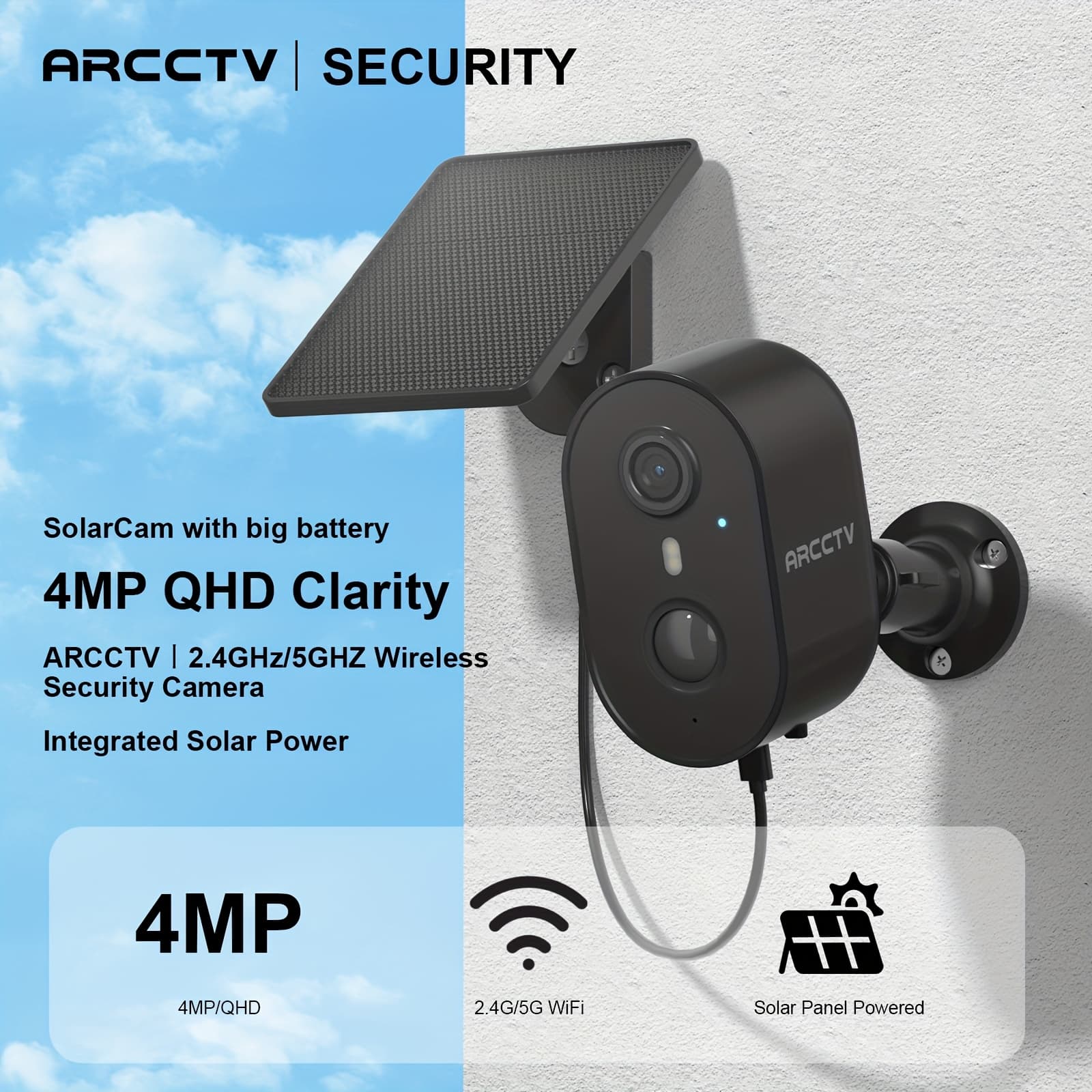 TEMU 4mp Outdoor Security Camera With Solar Panel, Battery, Wireless Surveillance Camera, Pir Motion Detection And Alarm, Colour Night Vision, Sd/cloud Storage, , 2-way Audio, Black, 2.4g/5g Wifi