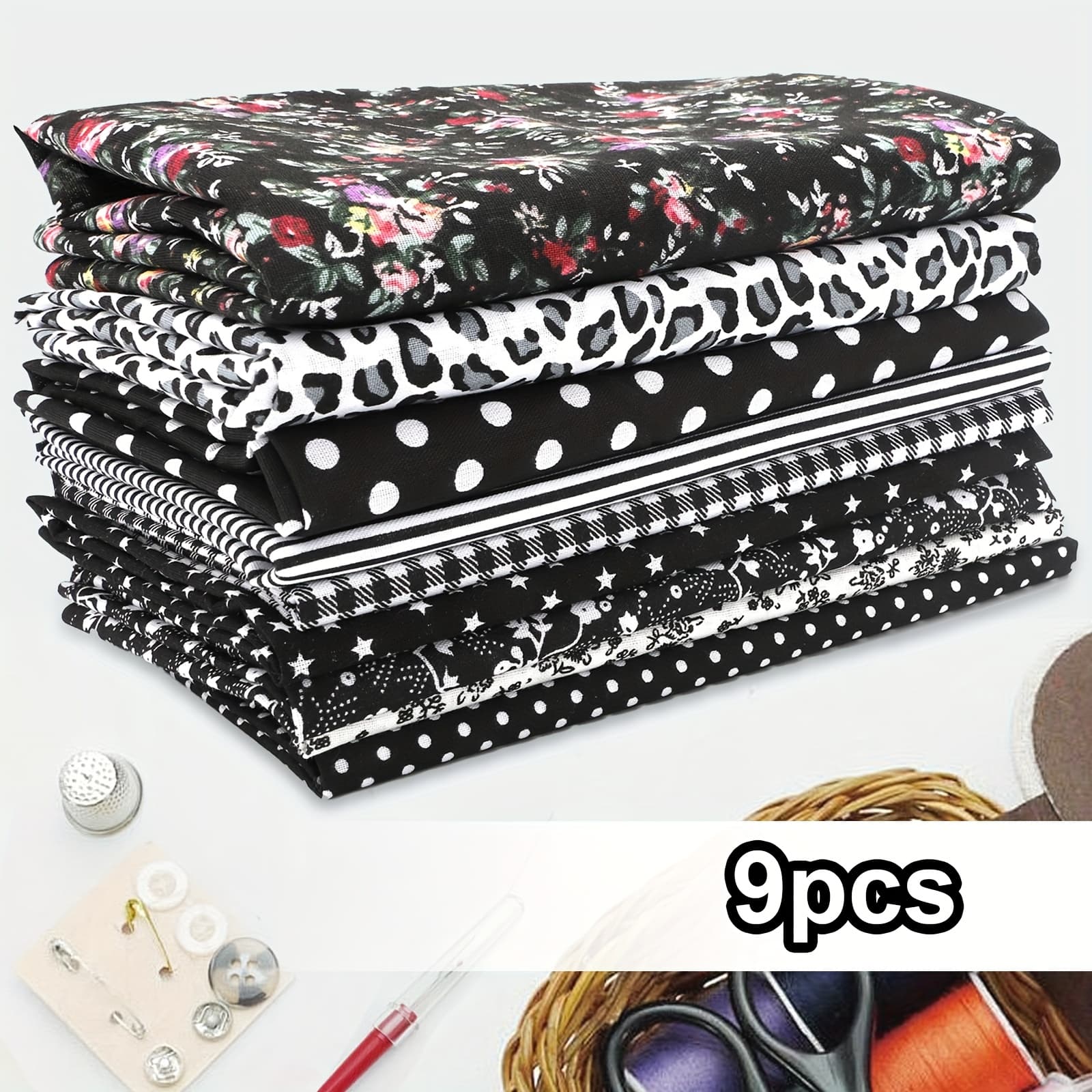 TEMU 9pcs Black 19.7 X 19.7" Fabric Bundle, High-quality 100% Cotton With Beautiful Floral Patterns, For Diy Sewing, Scrapbooking, And Craft , Ideal For Beginners And Experienced Crafters