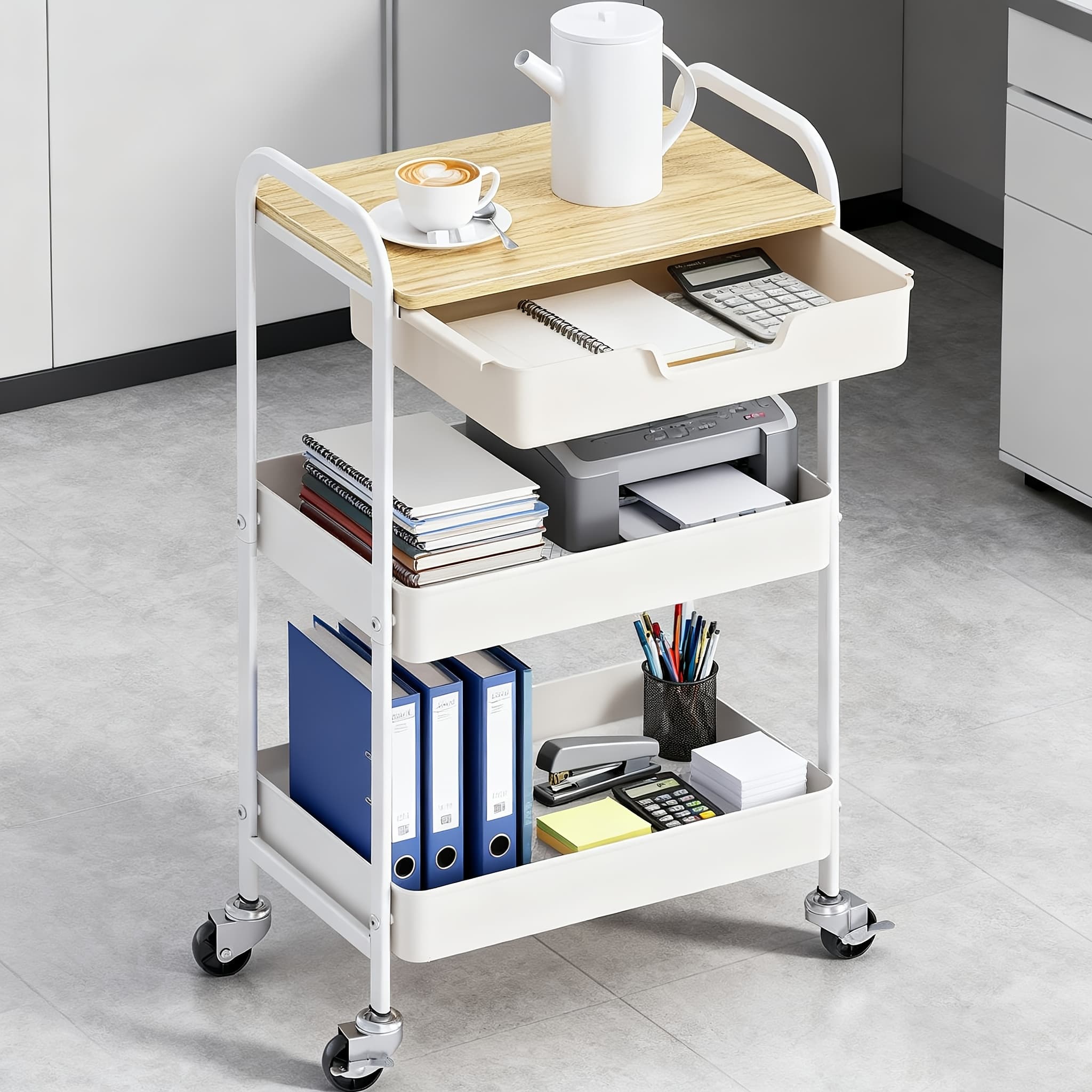 TEMU Three-layer Metal Rolling Trolley, Wooden Tabletop, Detachable Storage Rack, Portable Wheels, Durable With Hooks And Storage Box, Suitable For Kitchens, Living Rooms, Bedrooms And Offices
