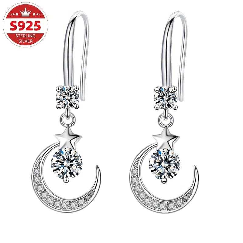 TEMU S925 Pure Silvery Star Mythology Moon Earrings Earrings Artificial Synthetic Zirconia Elegant, Women's Jewelry Carnival Valentine's Gift