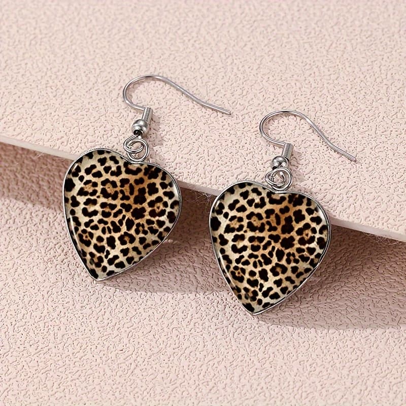 TEMU 1pair Brown Leopard Print Dangle Earring Heart Shape Earrings