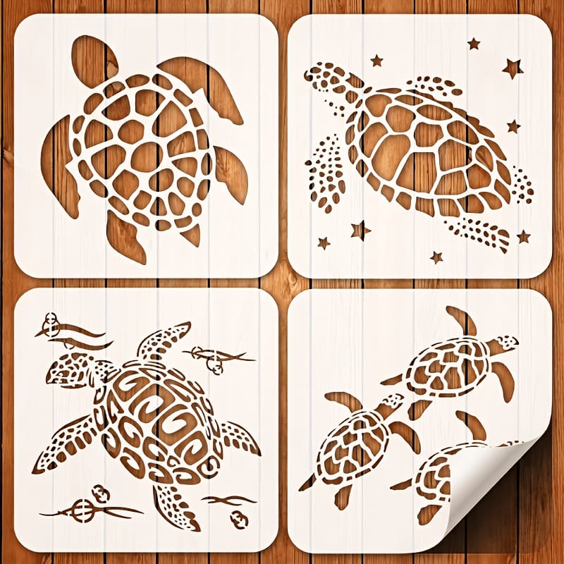 TEMU 4pcs Turtle Stencils, 6*6 Inch Reusable Painting Stencils, Ocean Animal Stencils, Sea Turtle Stencils, Diy Craft Stencils For , Fabric, Canvas, Wooden Wall, Home And Furniture Decoration