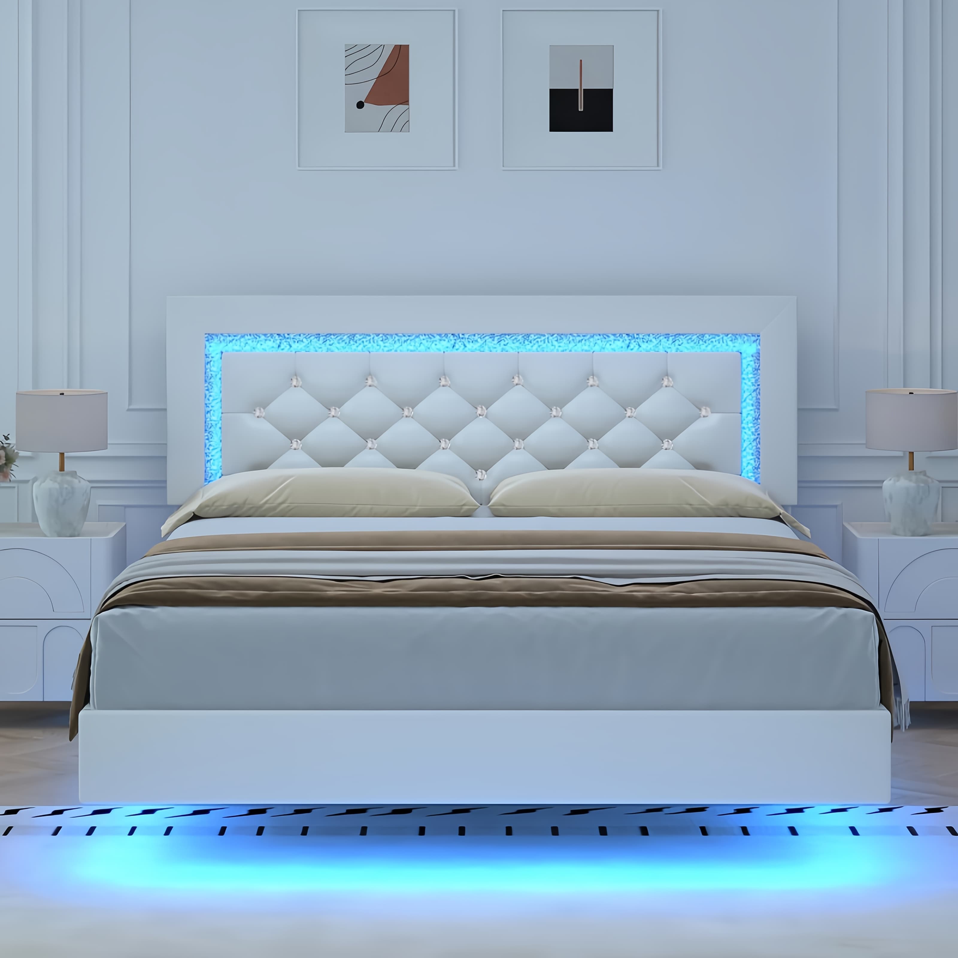 TEMU Twin Full Queen Size Floating /pink Bed Frame With Led Lights, Platform Bed With Diamond Tufted Headboard, Wood Bed Frame,bed Frame Queen Size Spring Needed, , Easy Assembly, /pink