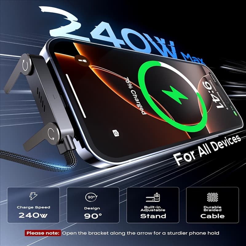 TEMU 240w Braided Fast Charging Cable, 2026 New Invisible Stand Charger Cable With Built-in Stand, 5ft Foldable Durable 240w Stand Data Cable Usb-c Cord, 90 Degree Right Angle Usb C Cable