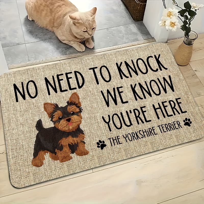 TEMU A Lovely Yorkshire Illustration Floor Mat On A Background With Coarse Linen Texture. Non-slip Bottom, Front Porch And Kitchen Decoration With Polyester Carpet, The Perfect Gift