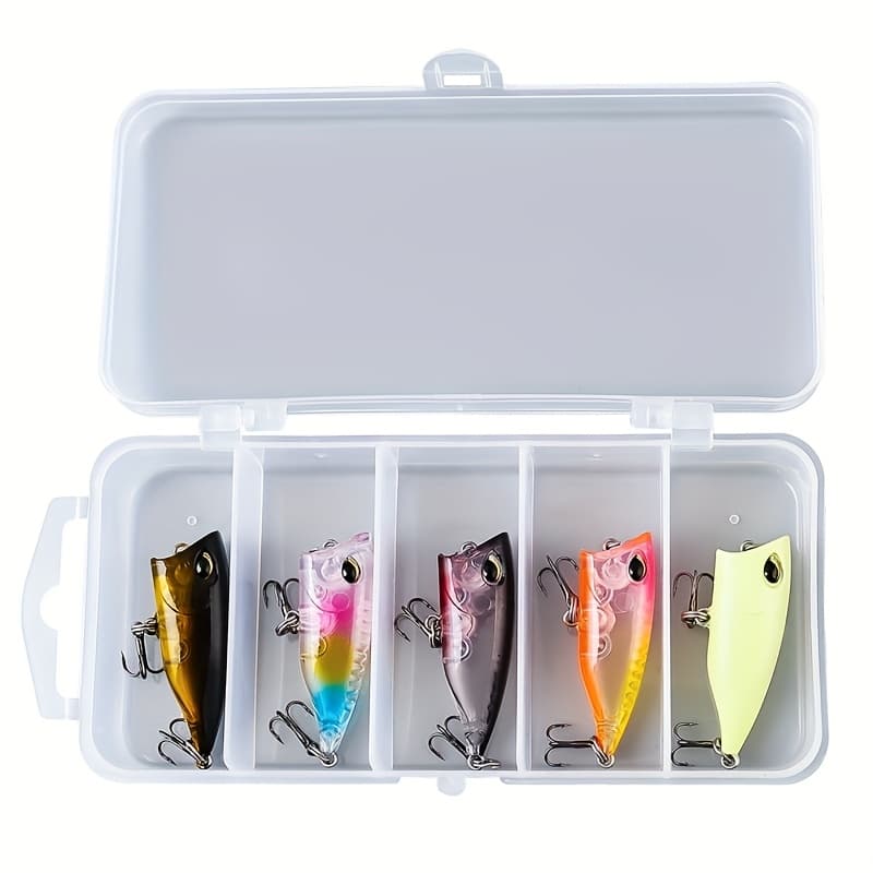 TEMU Set Of 5 Fishing Popper Lures, Designed For Surface Action, Measuring 4cm. Features Abs Sound Beads That Create Noise Contact With Water, Made From Durable Plastic, Bait With Vibrant