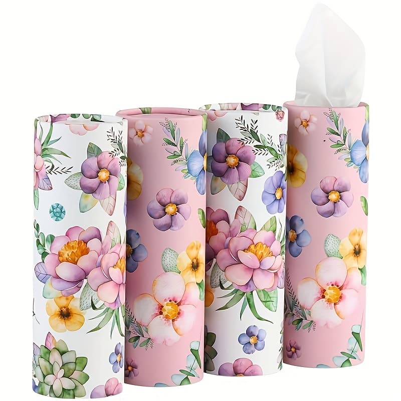 TEMU 200 Sheets (50 Each) Floral Car Tissue Holder, 4pcs Cylinder Tissues For Cup Holder, 3-ply Soft Disposable Facial Tissues, Portable Travel Tissue Canister For Car, Home, Office & Party Decor