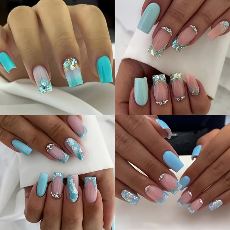 TEMU 96pcs Square Glitter Press On Nails Medium Summer Fake Nails Light Green False Nails Design And Green Gradient Acrylic Nails Glossy Stick On Nails For Women And Girls