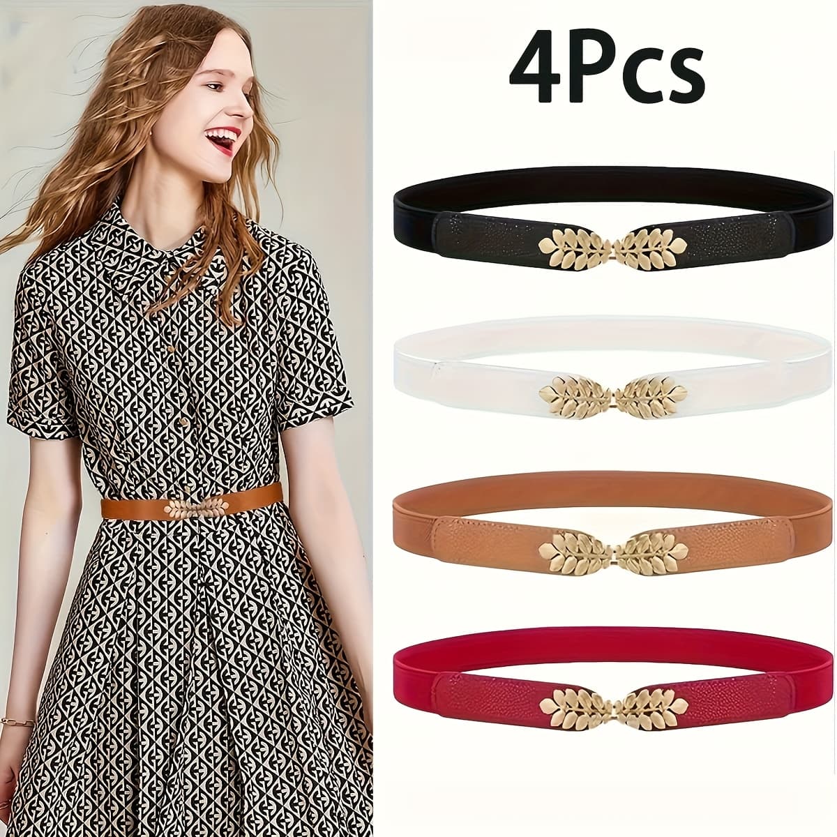 TEMU 2/4pcs Simple Leaf Elastic Waist Cincher, Versatile Dress Waist Belt For An