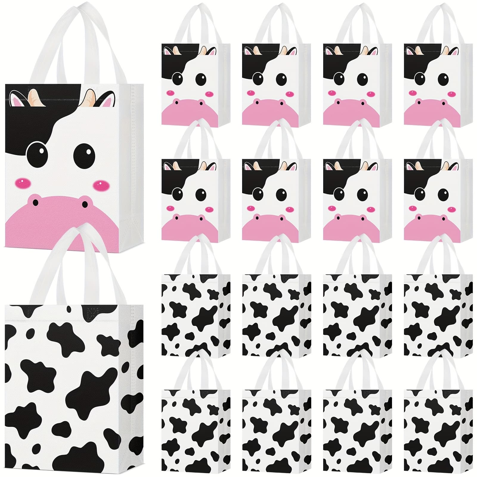 TEMU Gift For Her/him 24pcs Cow Print Reusable Farm Party Favor Bags With Cow Patterns & Cow Faces - Non-woven Paper Cow Themed Treat Bags Suitable For Birthday Party Supplies, Celebration Goodie Bags