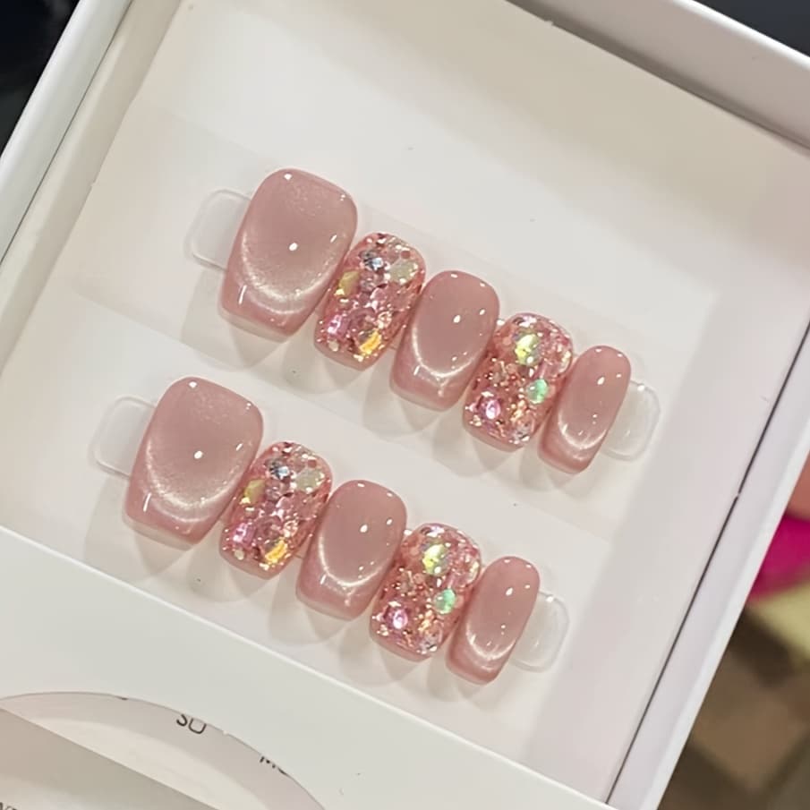 TEMU 10pcs Handmade Press-on Nails - Pink -, Oval Short Shape Glossy Finish For , Reusable Artificial Nails For Parties & Daily Wear, , Party Accessories