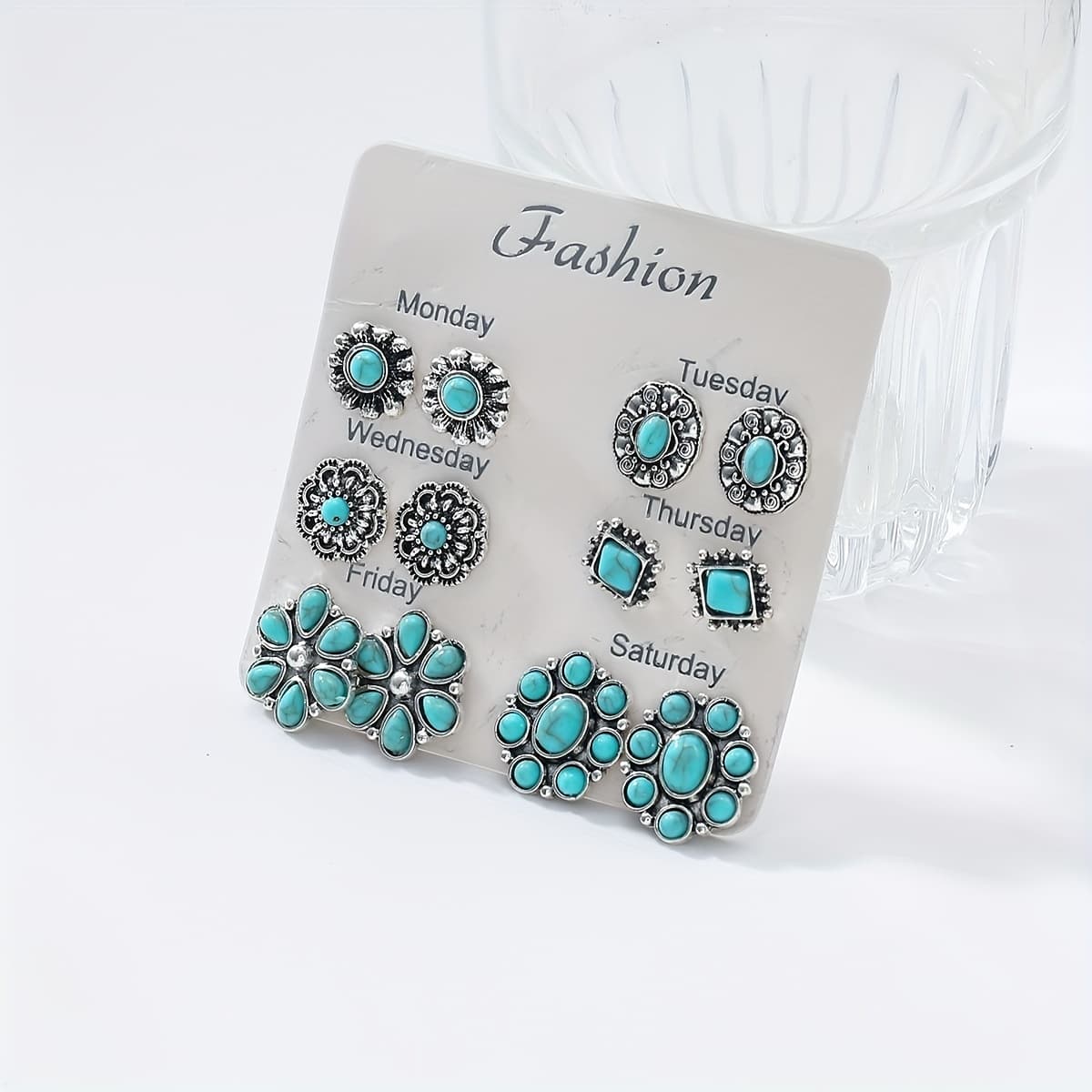 TEMU 12pcs European And American Floral Earring Set For Women, Bohemian Style Geometric Niche Light Luxury Turquoise Earrings
