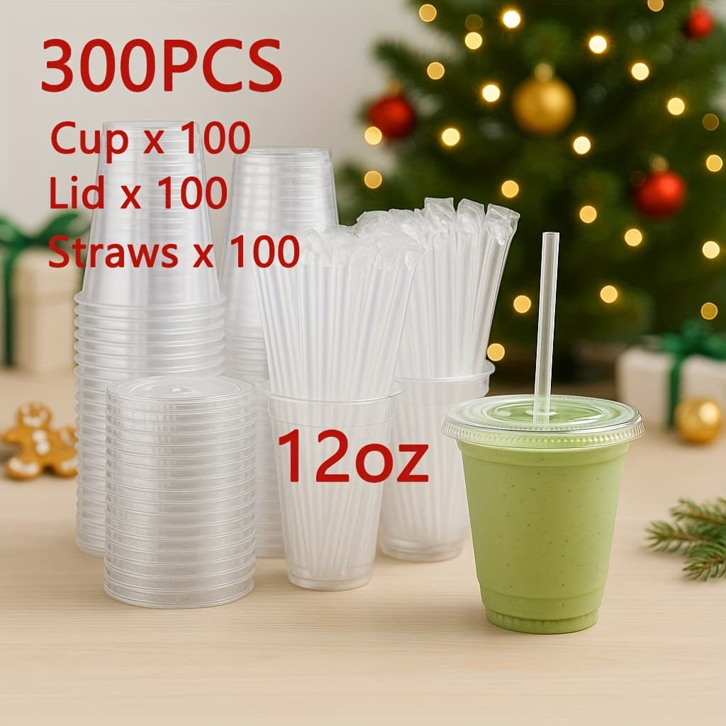 TEMU [300 Sets] 8oz/12oz/16oz/20oz 100clear Plastic Cups With 100 Lids And 100 Straws, Disposable Party Cups For To Go Lcedcoffee Cold Drinks, Smoothie, Juice, Milkshake. No Leaking