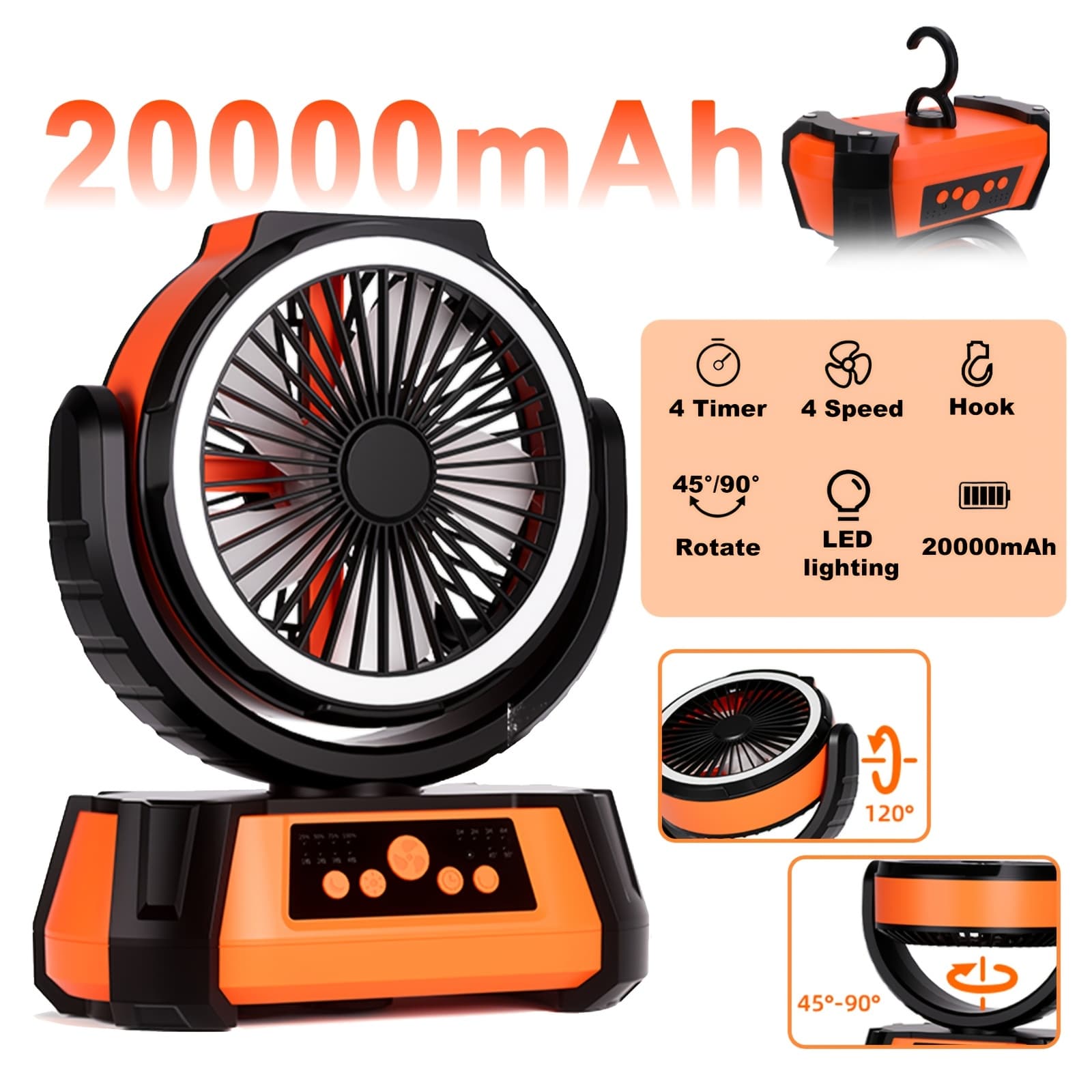 TEMU 20000mah Camping Fan Light - 4-level Led Lighting Adjustment + Powerful - Multi-speed & Rotatable Design - Perfect For Tents, Outdoor, Office - Portable, Cooling & Lighting
