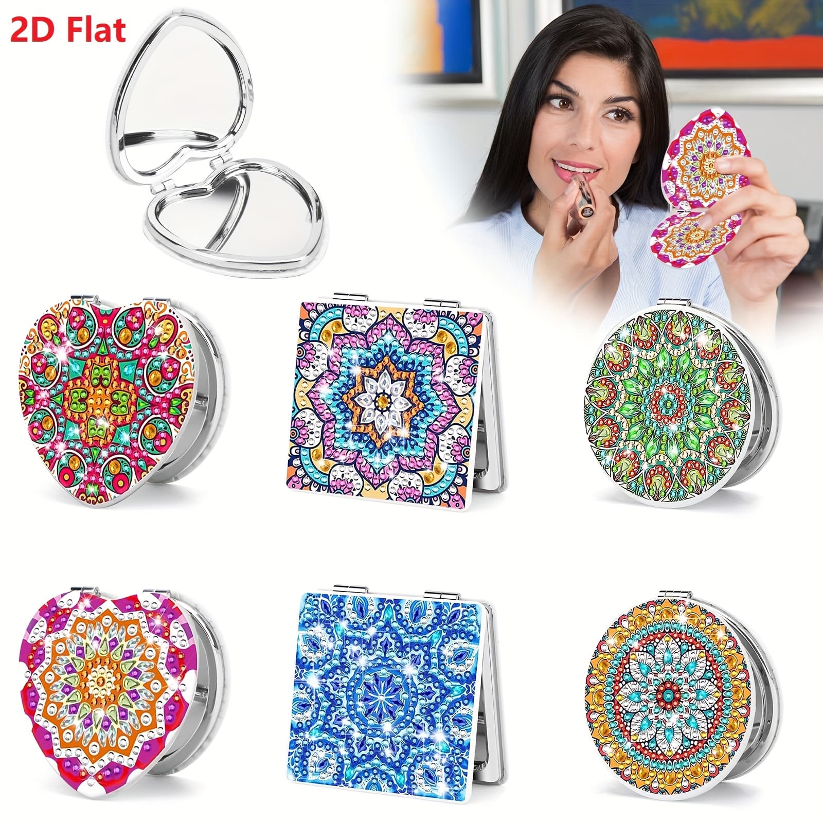 TEMU Set Of 6 Portable Folding Mirrors With 2d Flat Diamond Makeup Design, Featuring Mandala Floral Patterns, Magnifying Wallet Mirror Ideal For Travel, A Perfect Christmas Gift For Women