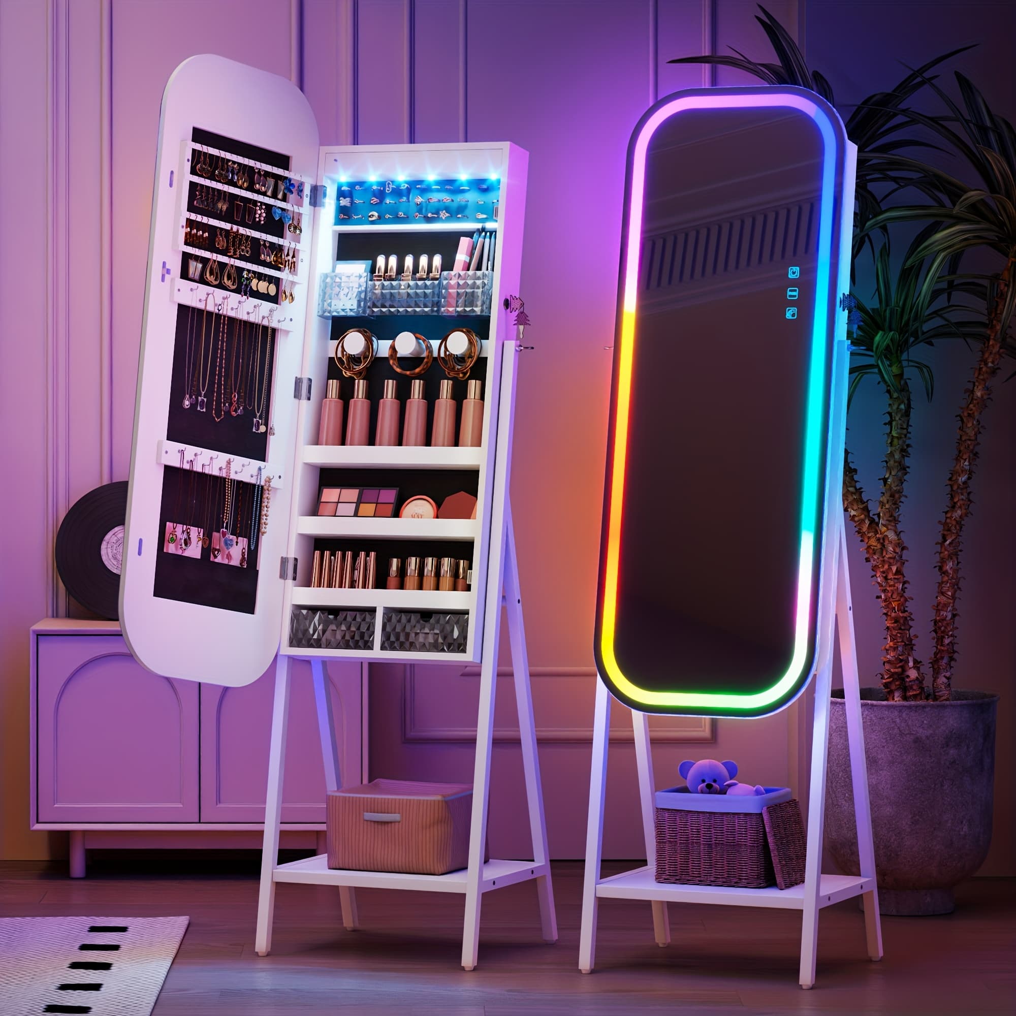 TEMU Mirror- Led Jewelry Storage Unit - Secure Arched Organizer For Necklaces And Rings, Suitable For Hanging Or Standing