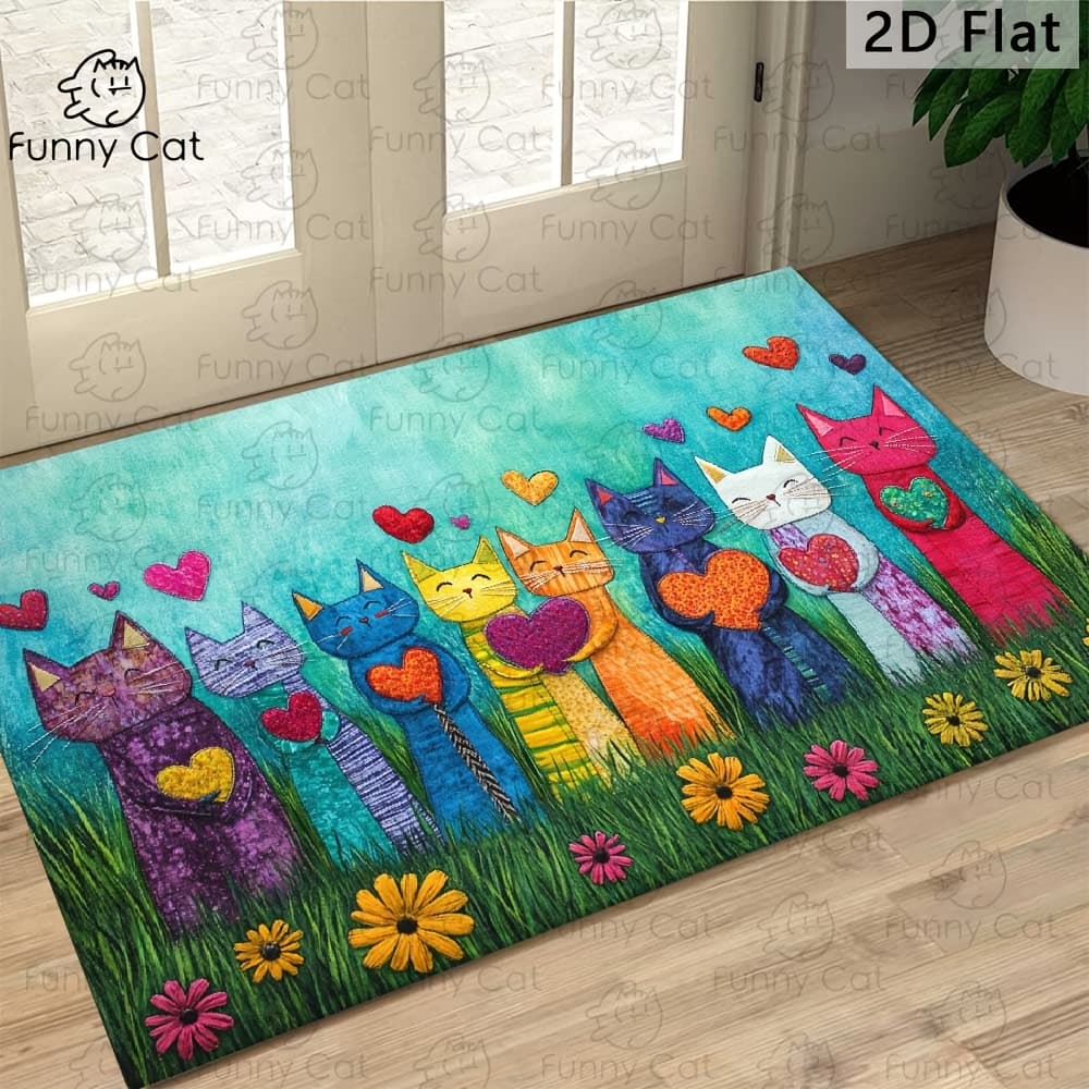 TEMU 1pc "" Cat Welcome Doormat Suitable For Suitable For, Bedroom, Entryway - Non-slip Machine-washable With Kitten, Floating Hearts & Floral, Soft For Use, Spring Decorative